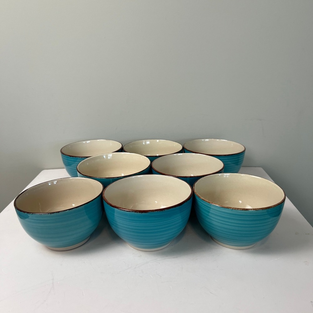 Royal Norfolk Cereal Bowls Set of 8 Turquoise Blue Farmhouse Stoneware Coastal